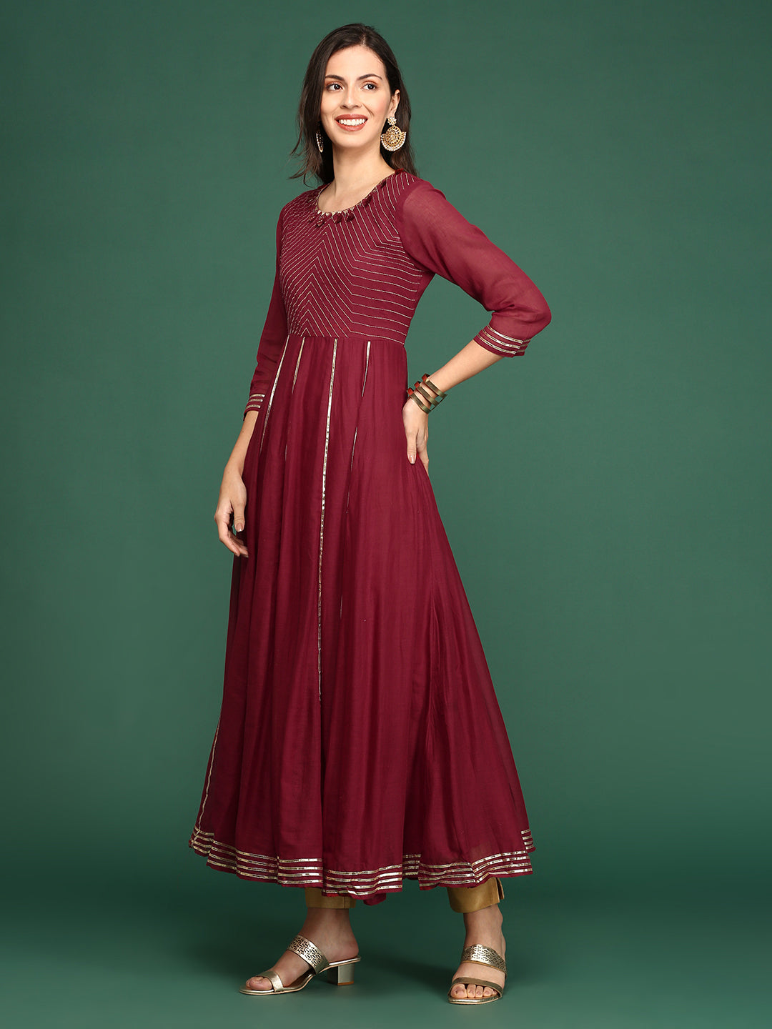 Women's Maroon Embellished Flared A-Line Kurta