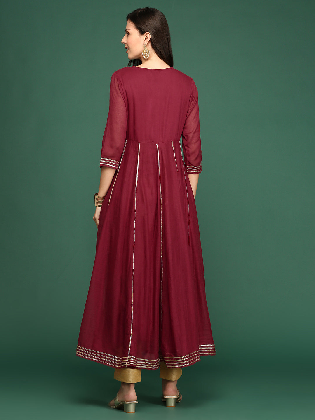 Women's Maroon Embellished Flared A-Line Kurta
