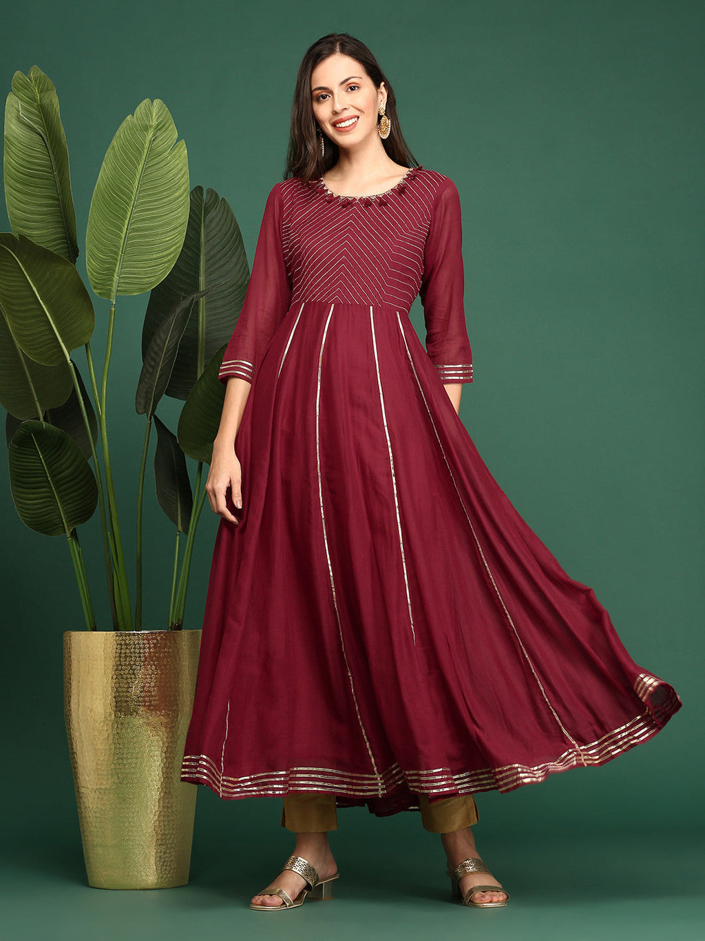 Women's Maroon Embellished Flared A-Line Kurta
