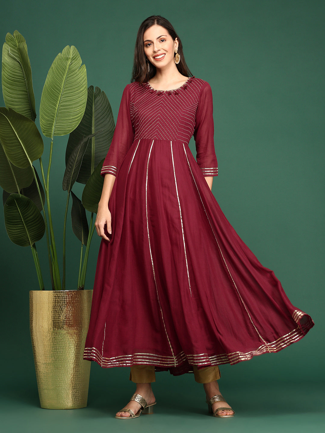 Women's Maroon Embellished Flared A-Line Kurta