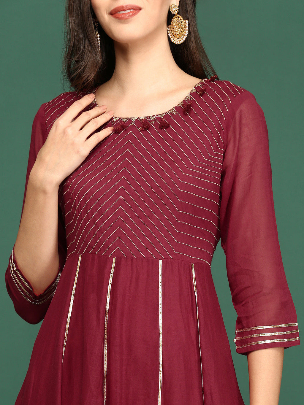 Women's Maroon Embellished Flared A-Line Kurta