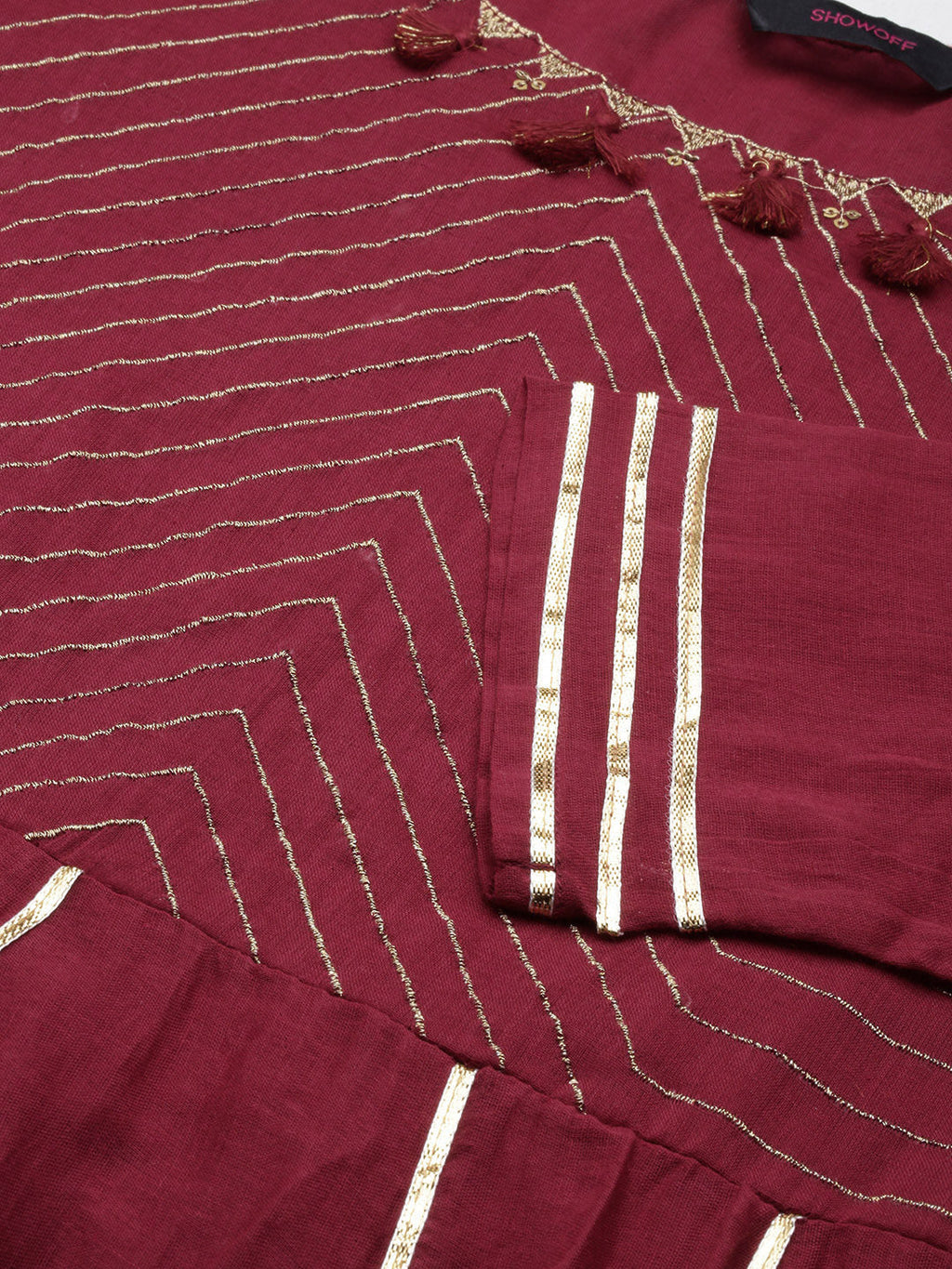 Women's Maroon Embellished Flared A-Line Kurta