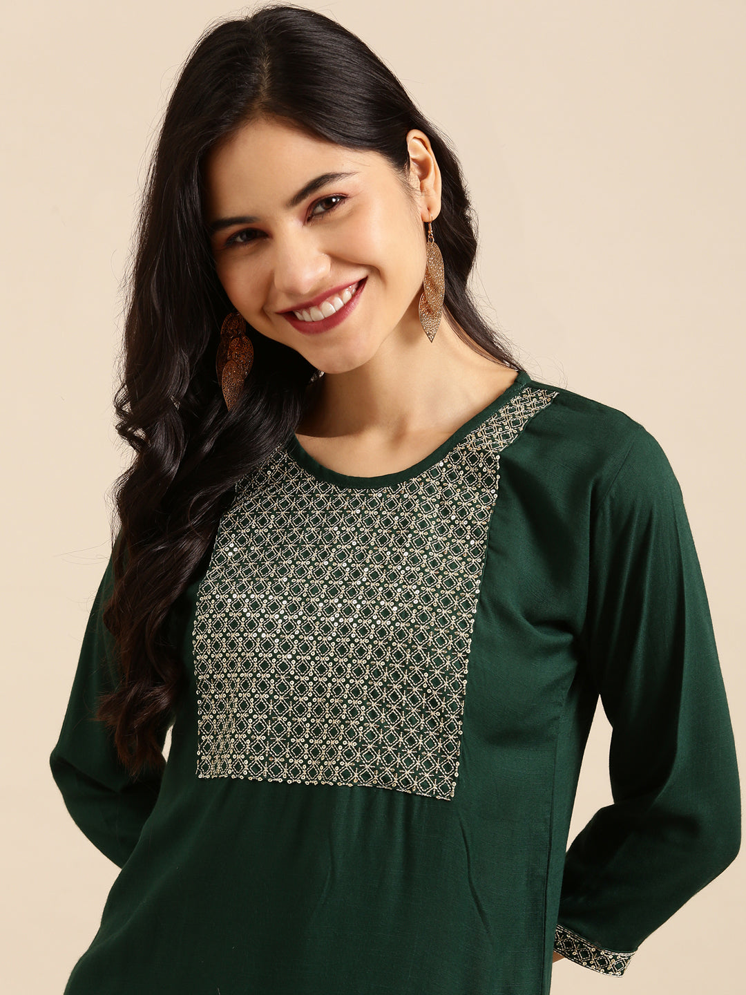 Women's Green Ethnic Motifs Yoke Design Kurta
