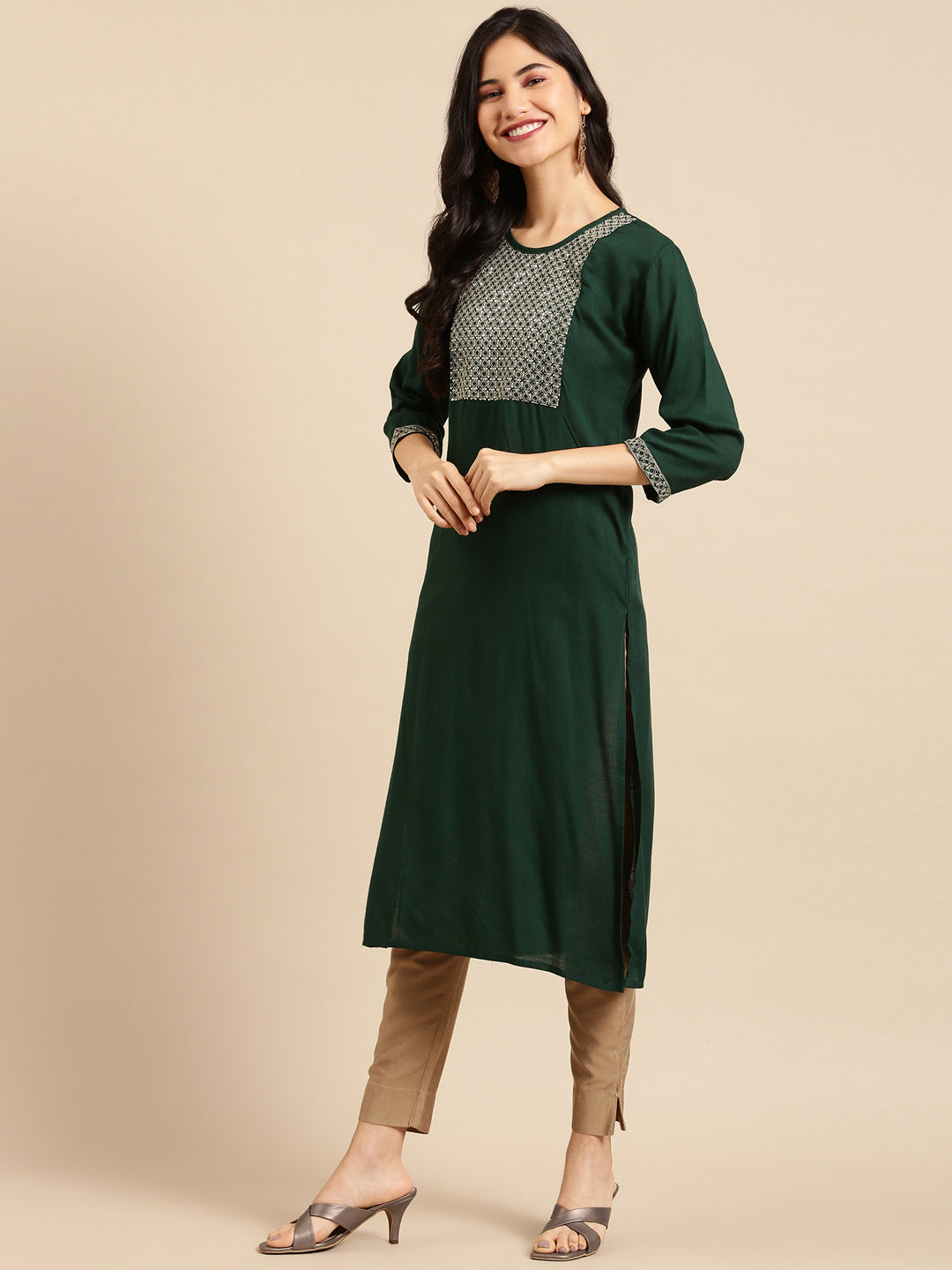 Women's Green Ethnic Motifs Yoke Design Kurta