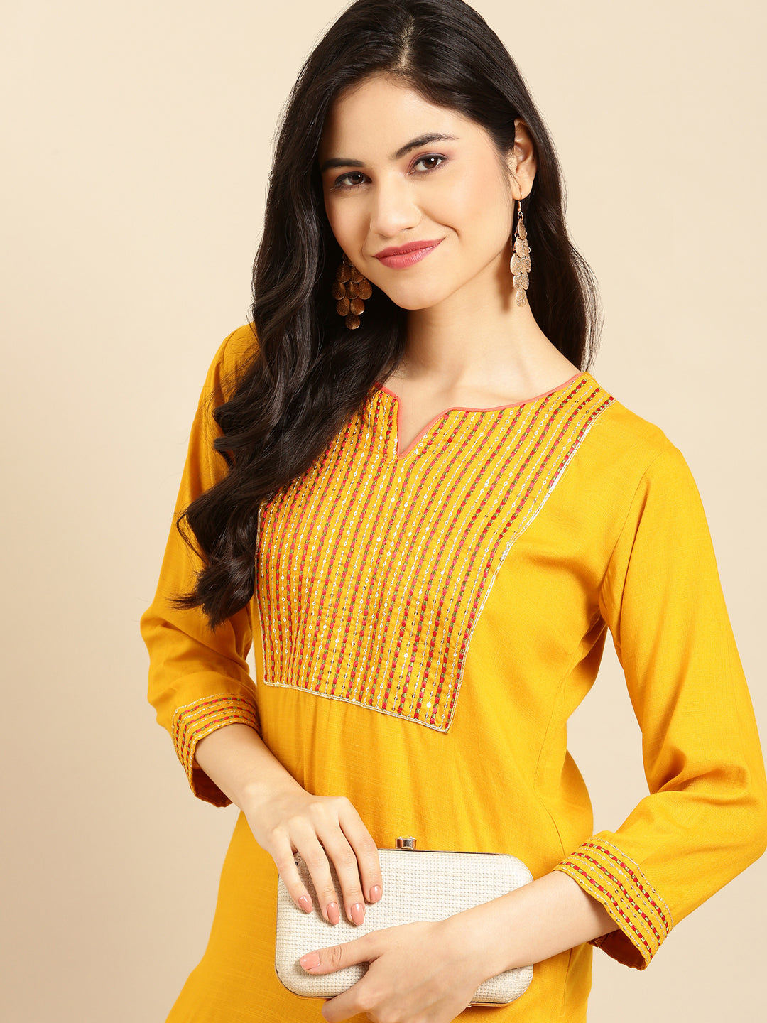 Women's Mustard Embroidered Yoke Design Straight Kurta