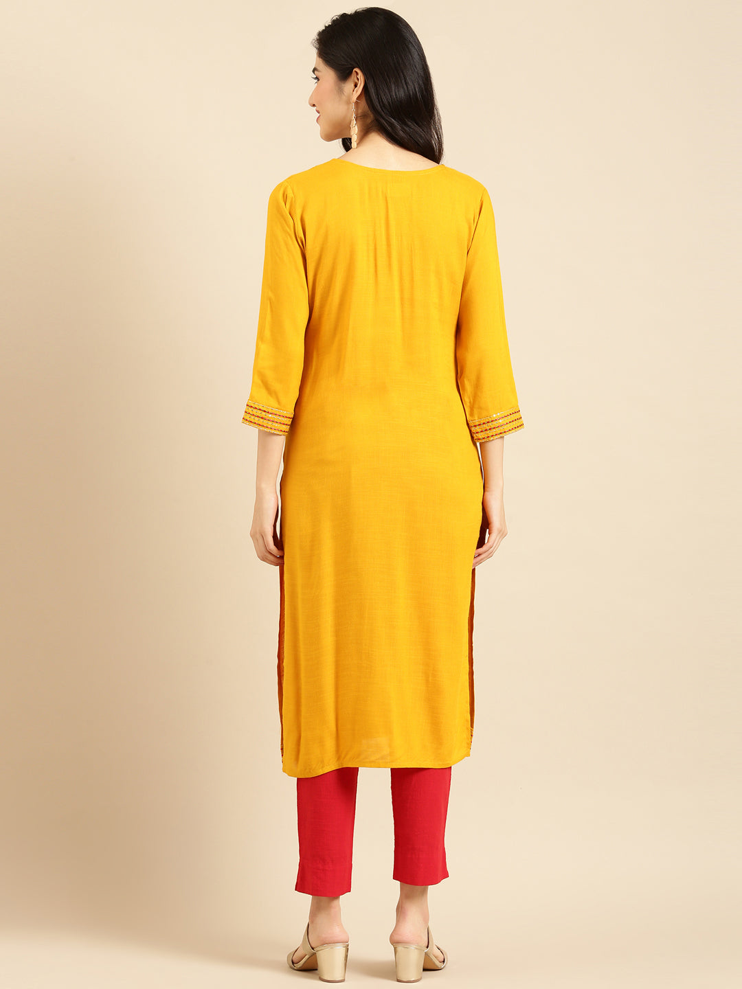 Women's Mustard Embroidered Yoke Design Straight Kurta