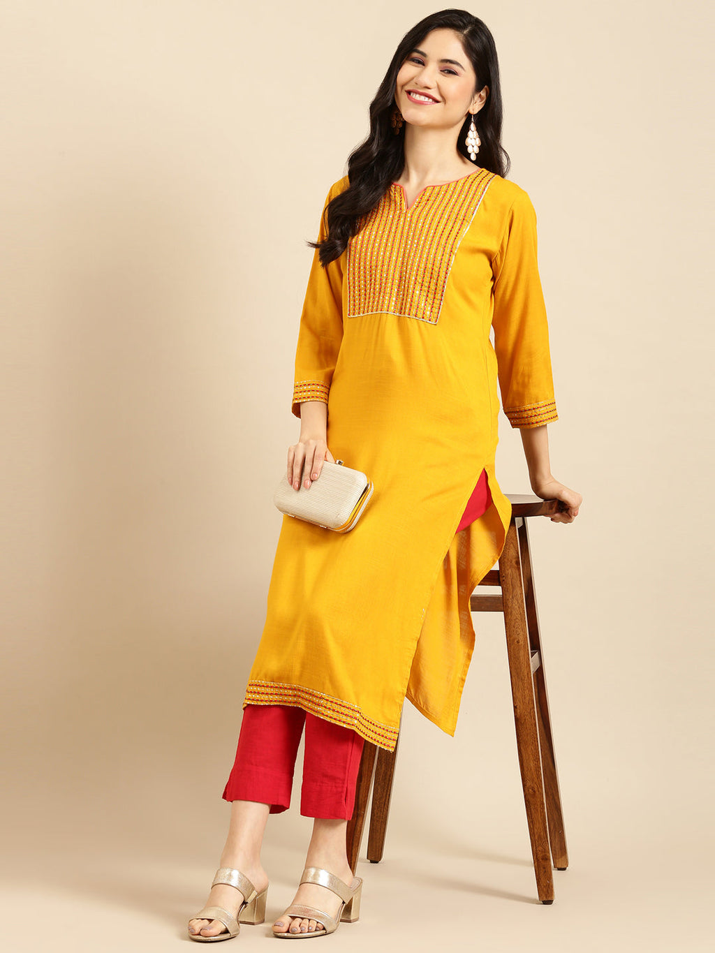 Women's Mustard Embroidered Yoke Design Straight Kurta