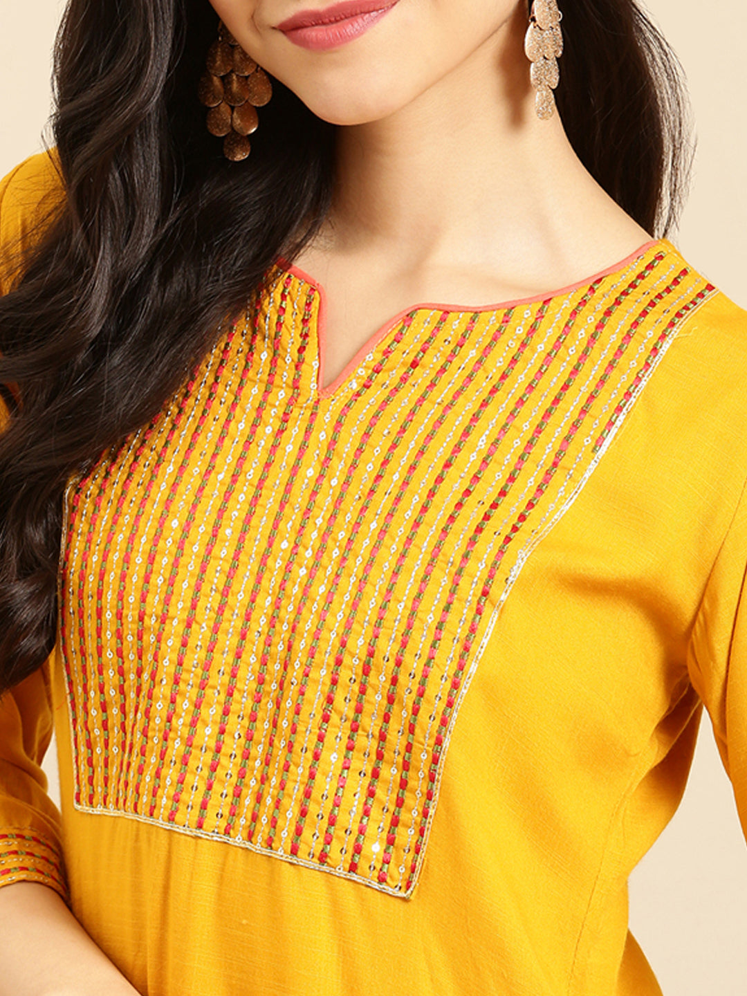 Women's Mustard Embroidered Yoke Design Straight Kurta