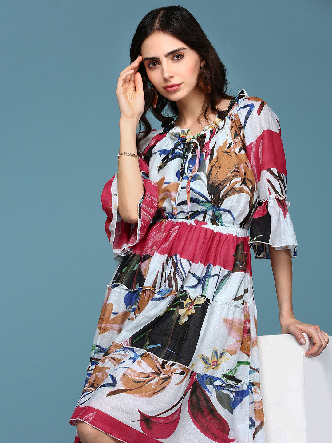 Women's Multi Floral Printed Off- Shoulder Cotton Tiered Dress