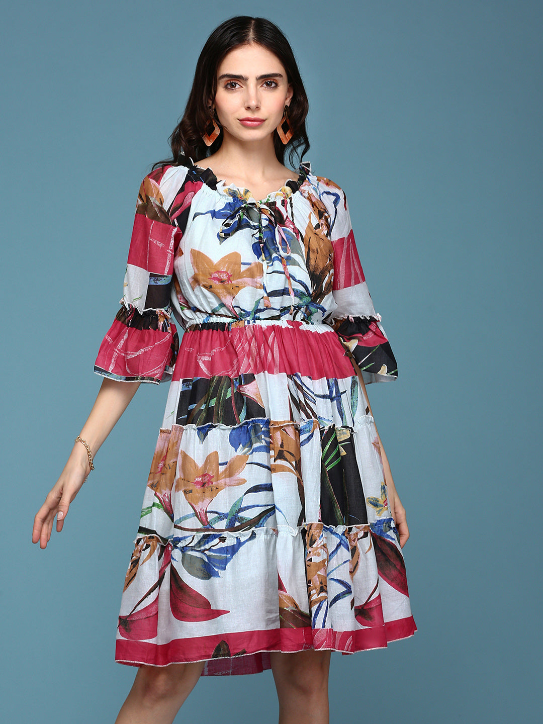 Women's Multi Floral Printed Off- Shoulder Cotton Tiered Dress