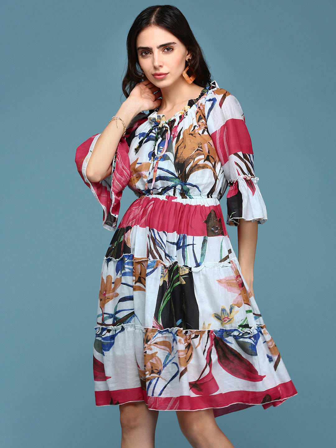 Women's Multi Floral Printed Off- Shoulder Cotton Tiered Dress