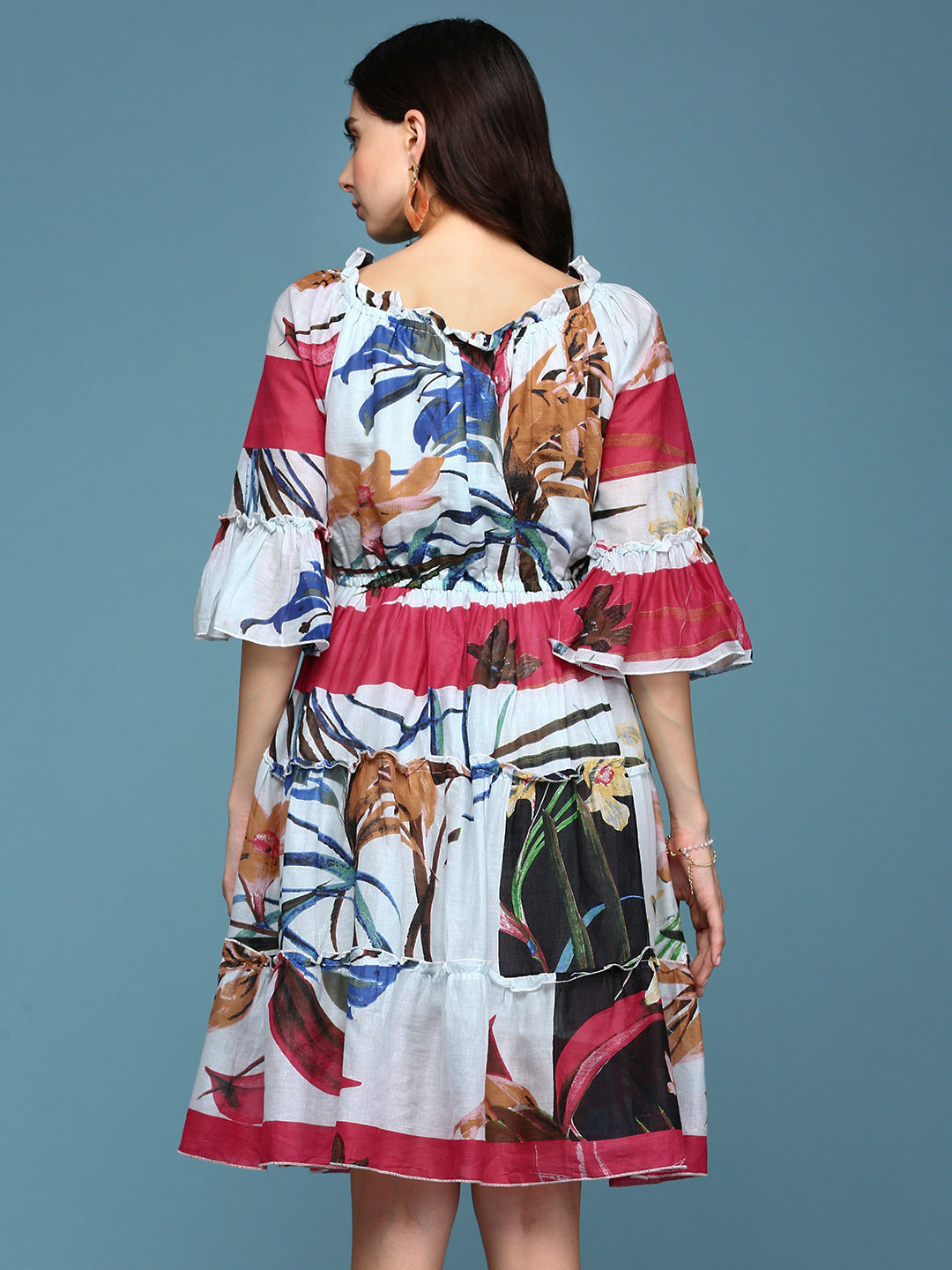 Women's Multi Floral Printed Off- Shoulder Cotton Tiered Dress