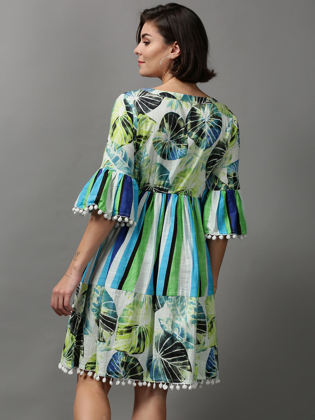 Women's Multi Tropical Printed Cotton Fit & Flare Dress