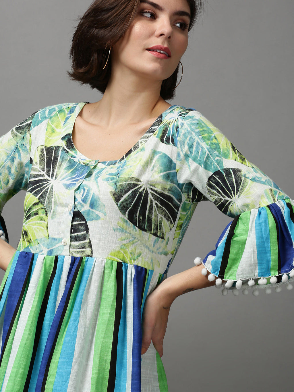 Women's Multi Tropical Printed Cotton Fit & Flare Dress