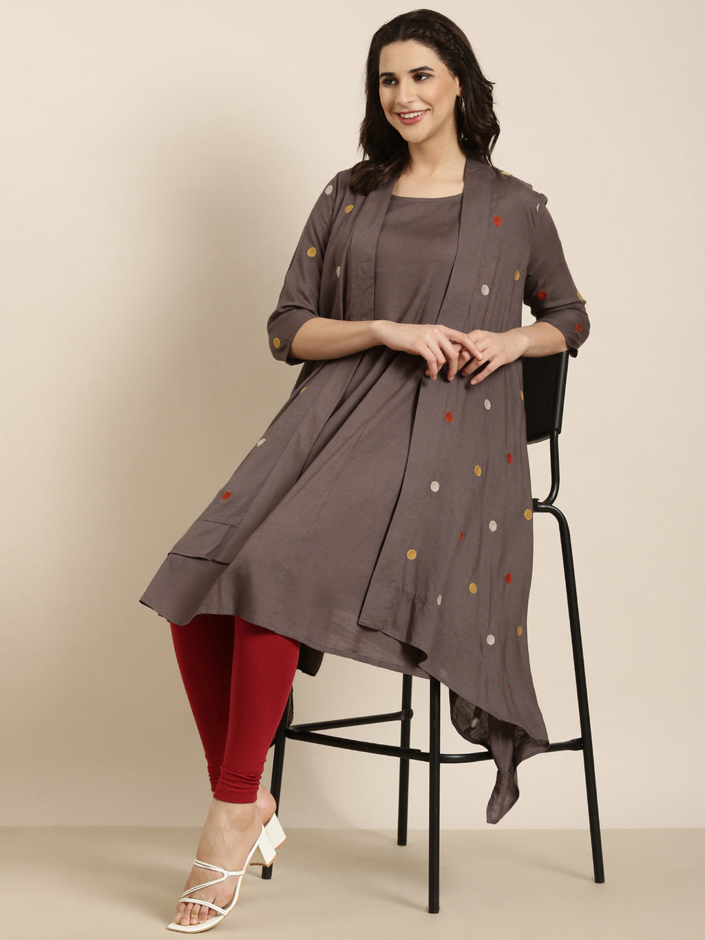 Women's A-Line Grey Solid Kurta Comes With Overcoat