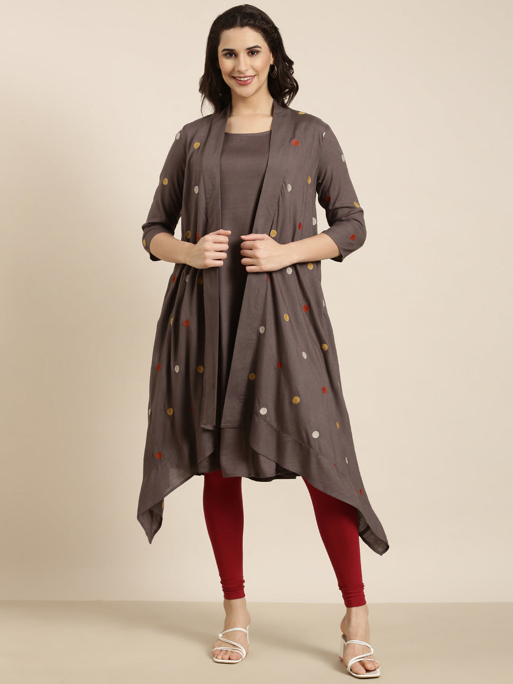 Women's A-Line Grey Solid Kurta Comes With Overcoat