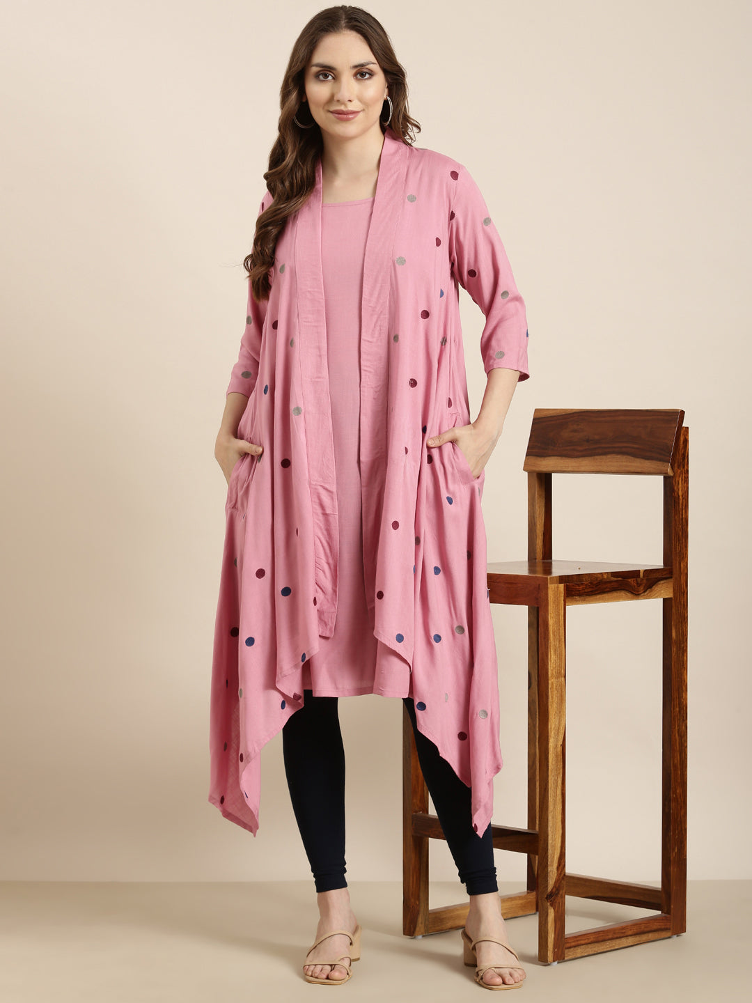 Women's A-Line Pink Solid Kurta Comes With Overcoat
