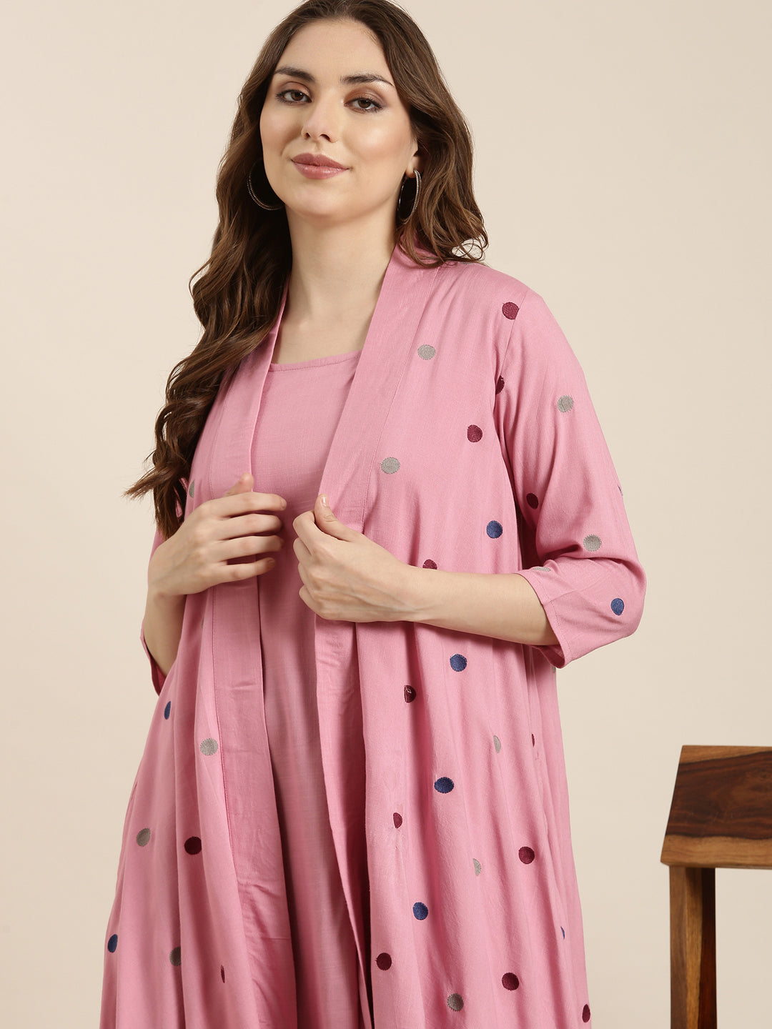 Women's A-Line Pink Solid Kurta Comes With Overcoat