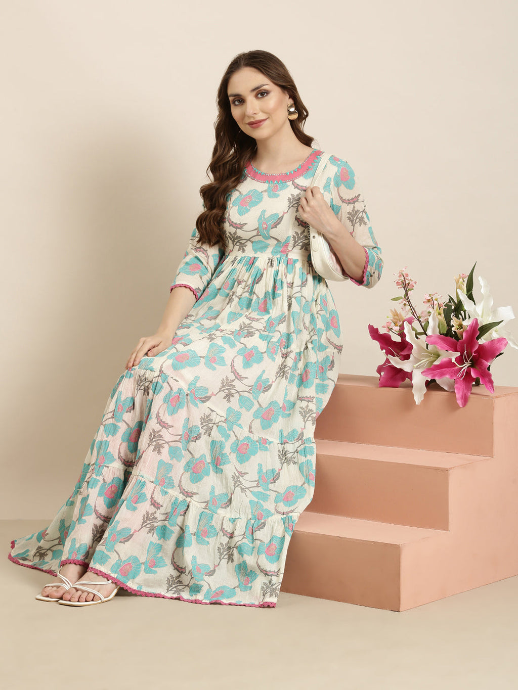 Women's Anarkali Turquoise Blue Floral Kurta