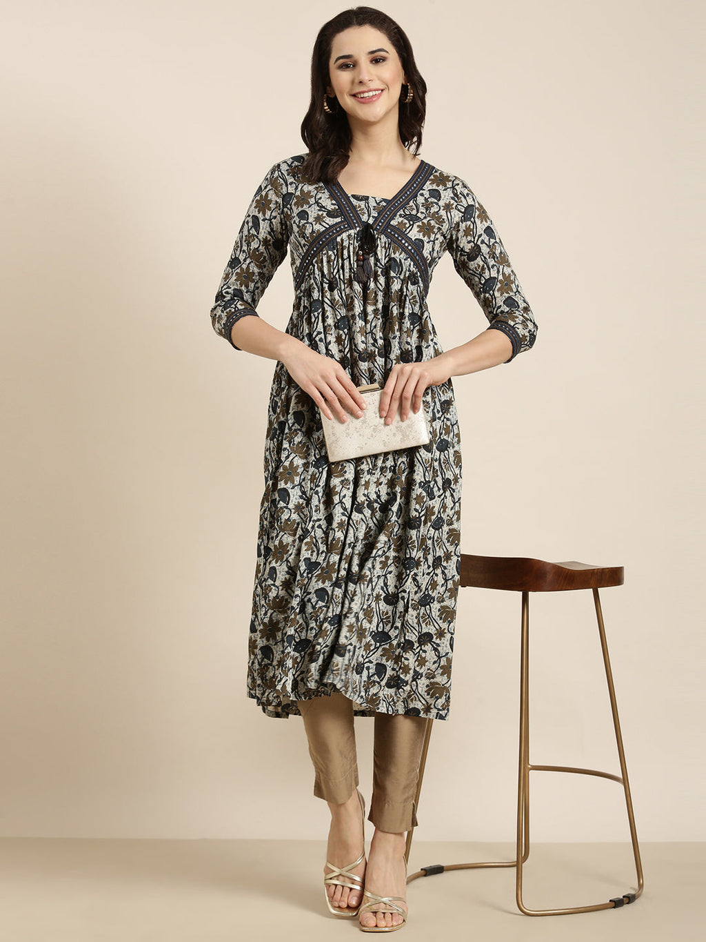 Women's Floral Anarkali Navy Blue Kurta