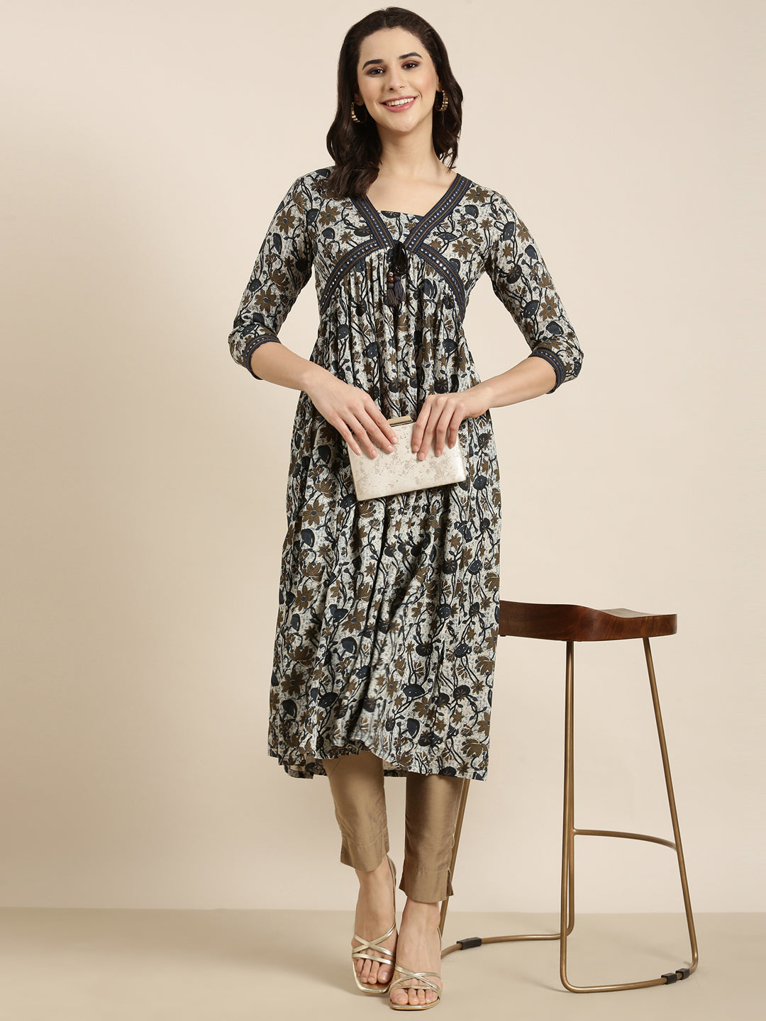 Women's Floral Anarkali Navy Blue Kurta