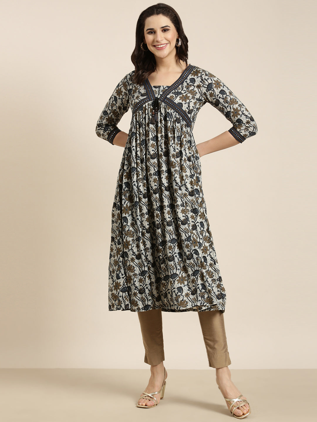 Women's Floral Anarkali Navy Blue Kurta