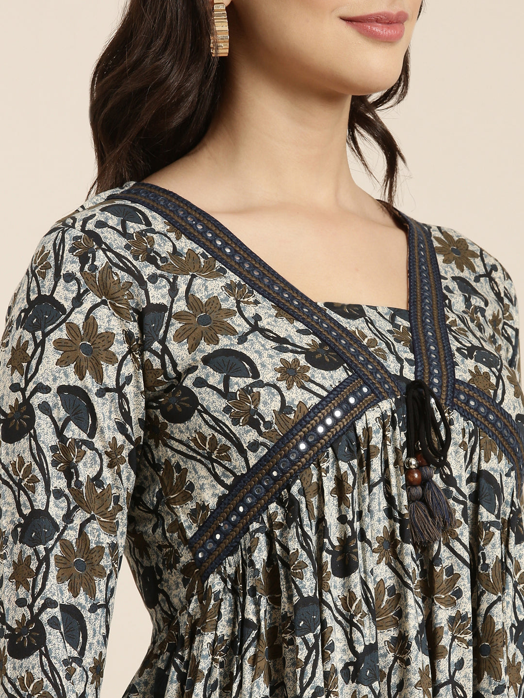 Women's Floral Anarkali Navy Blue Kurta