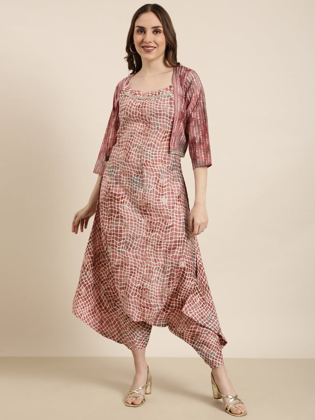 Women's Peach Printed Jumpsuit with Shrug