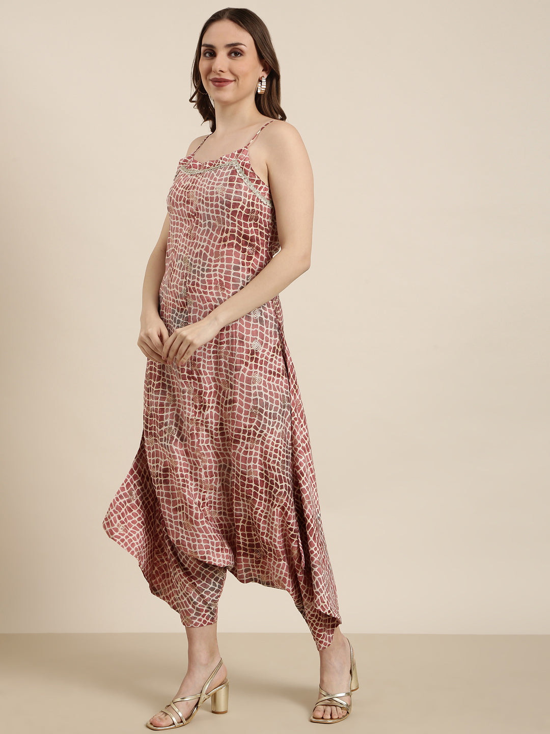 Women's Peach Printed Jumpsuit with Shrug