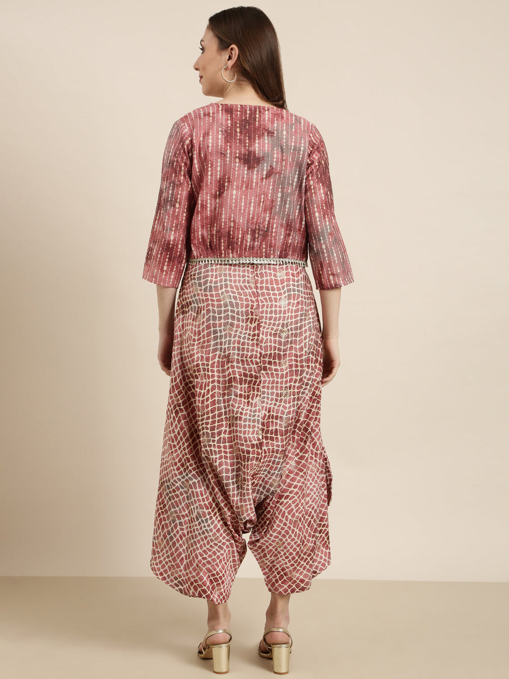 Women's Peach Printed Jumpsuit with Shrug