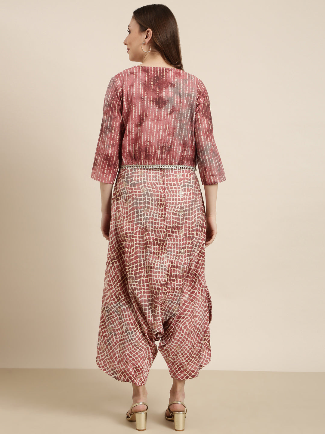 Women's Peach Printed Jumpsuit with Shrug