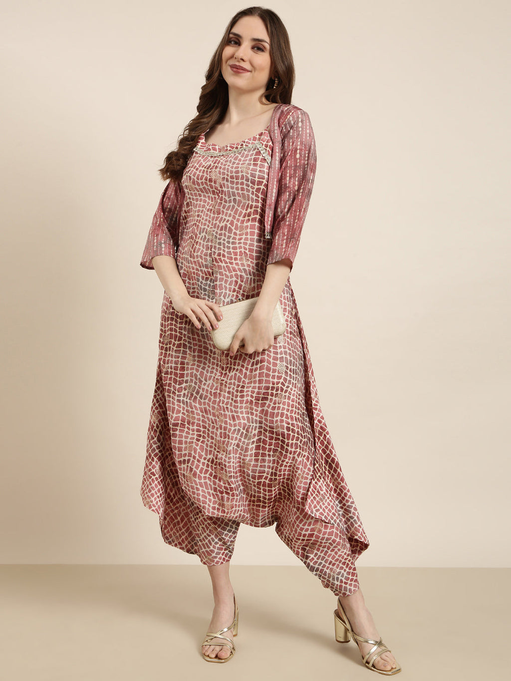 Women's Peach Printed Jumpsuit with Shrug