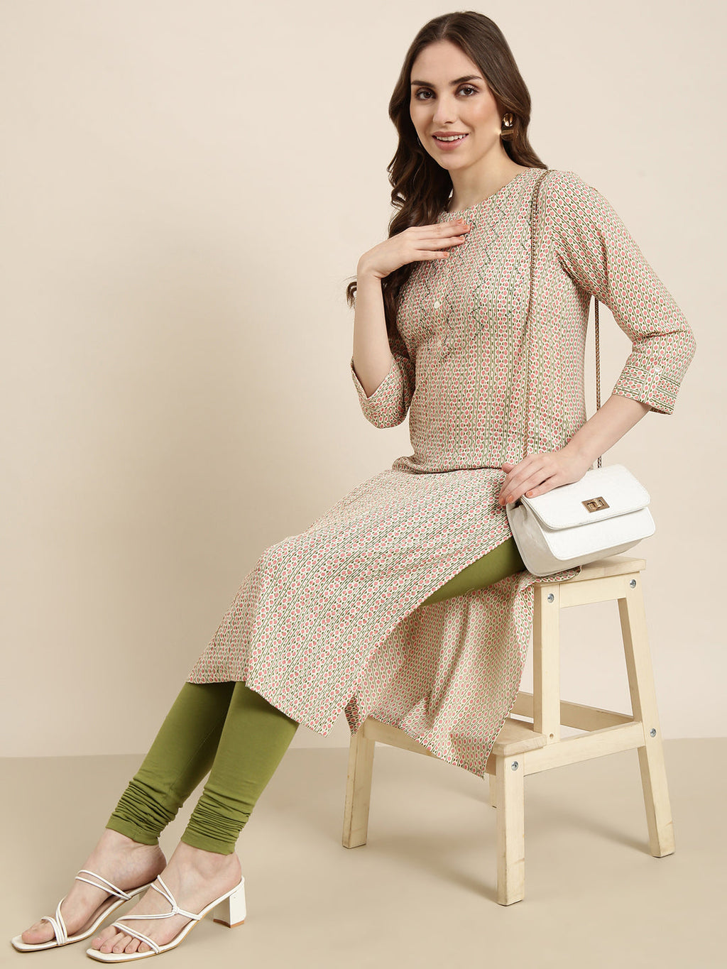 Women's Straight Peach Geometric Kurta