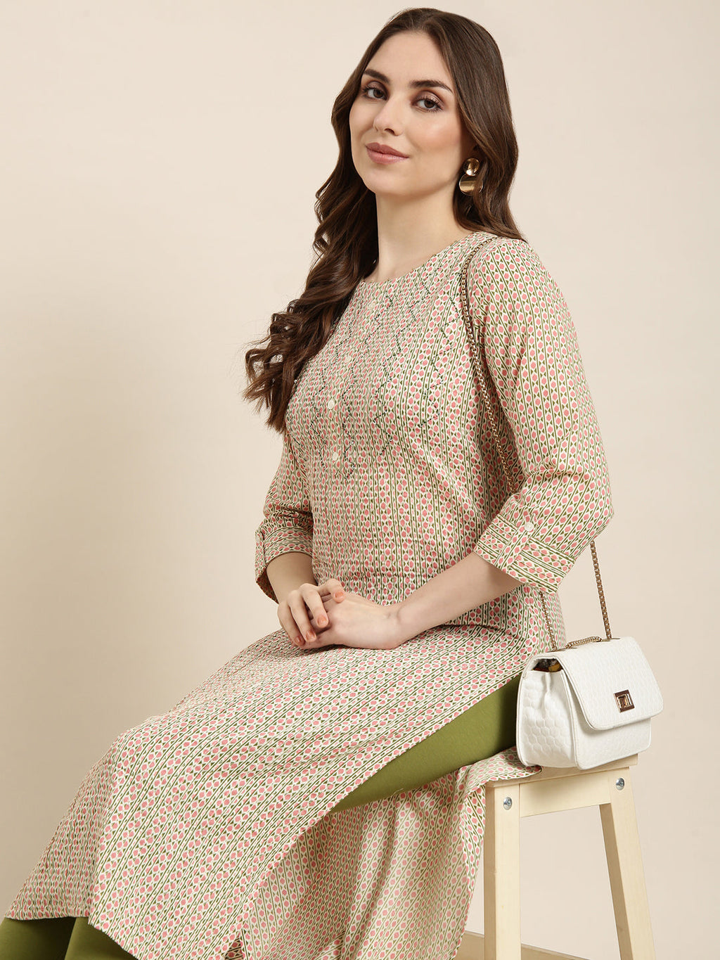 Women's Straight Peach Geometric Kurta