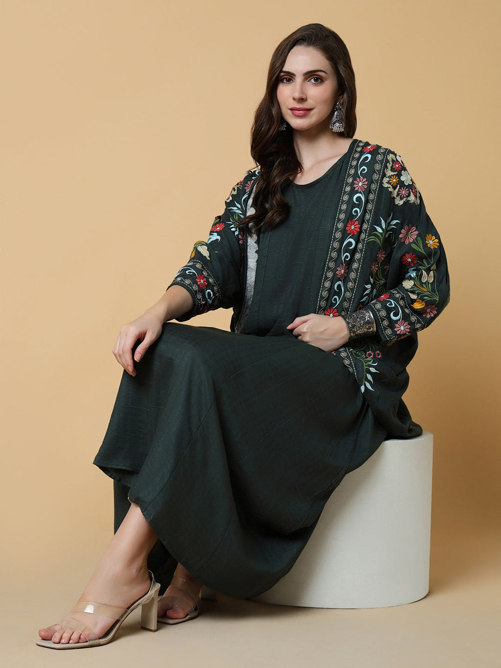 Women's Green Floral A-Line Kurta with Shrug