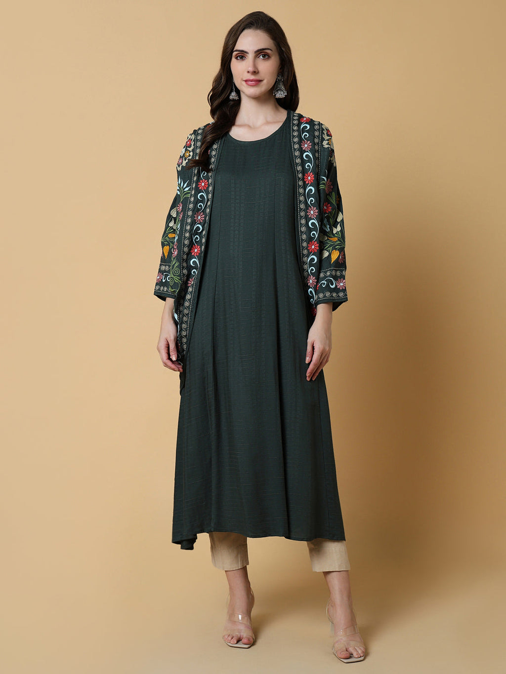 Women's Green Floral A-Line Kurta with Shrug