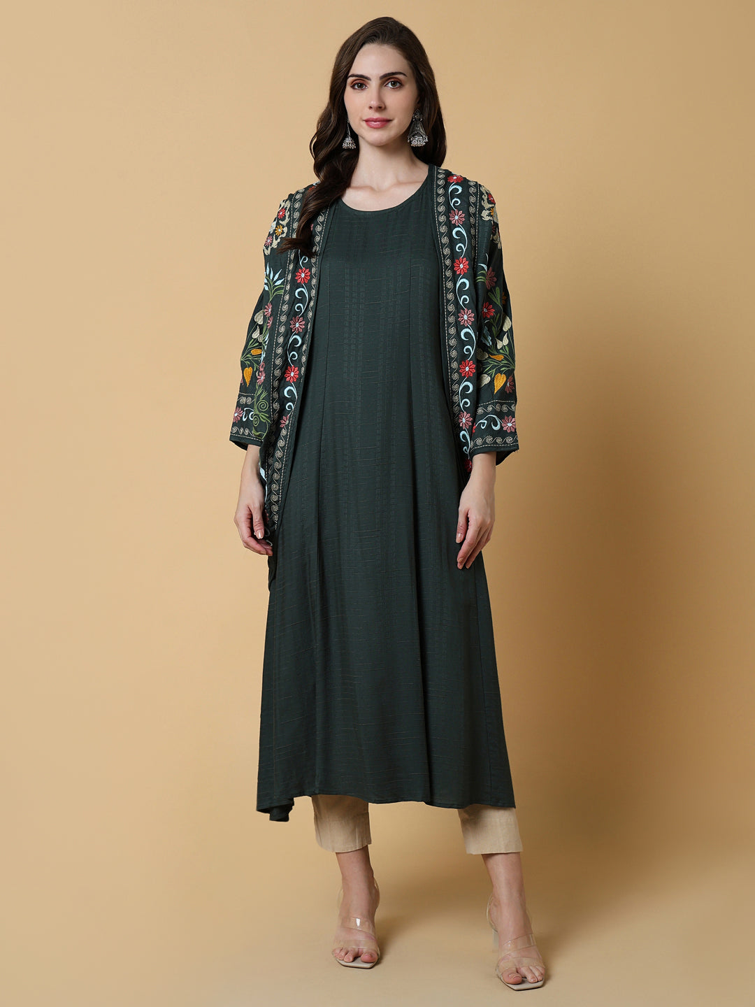 Women's Green Floral A-Line Kurta with Shrug