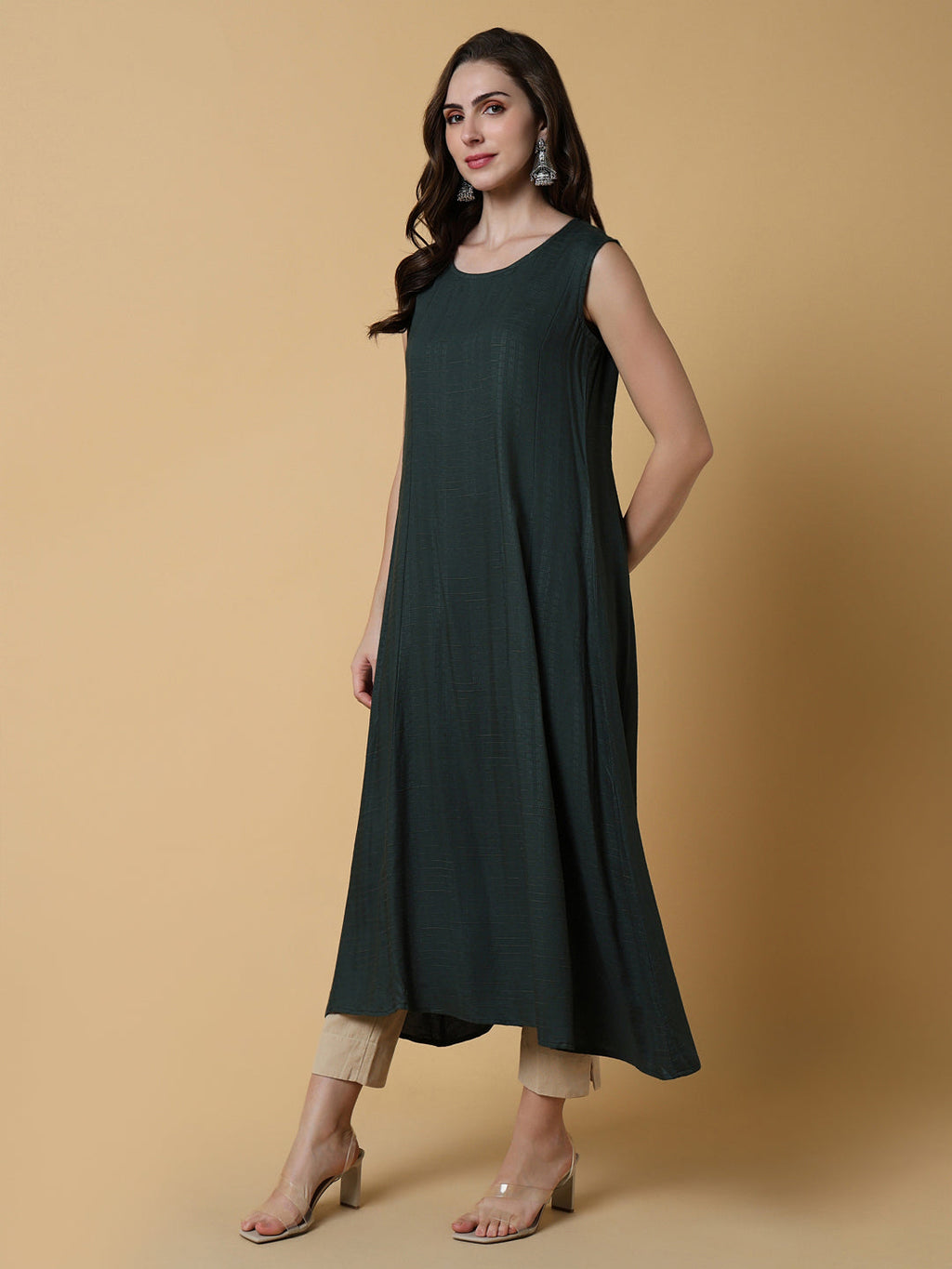 Women's Green Floral A-Line Kurta with Shrug