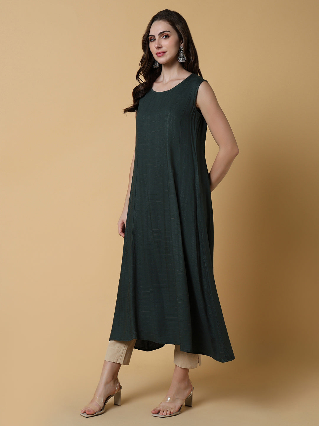 Women's Green Floral A-Line Kurta with Shrug