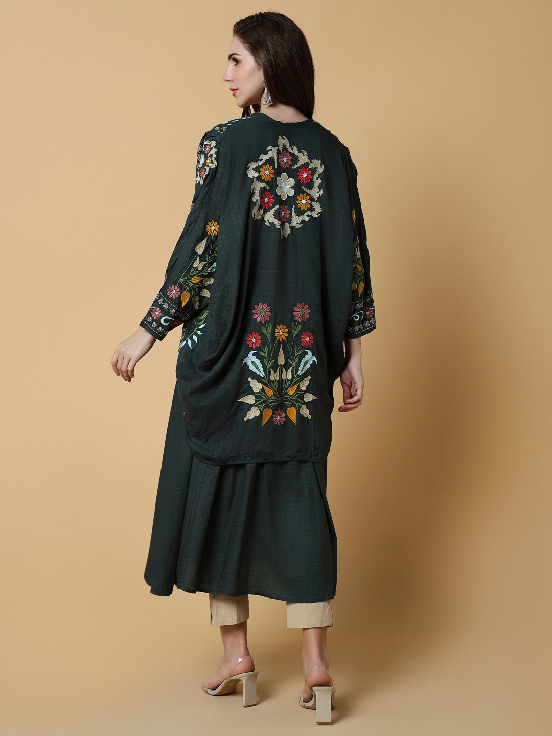 Women's Green Floral A-Line Kurta with Shrug
