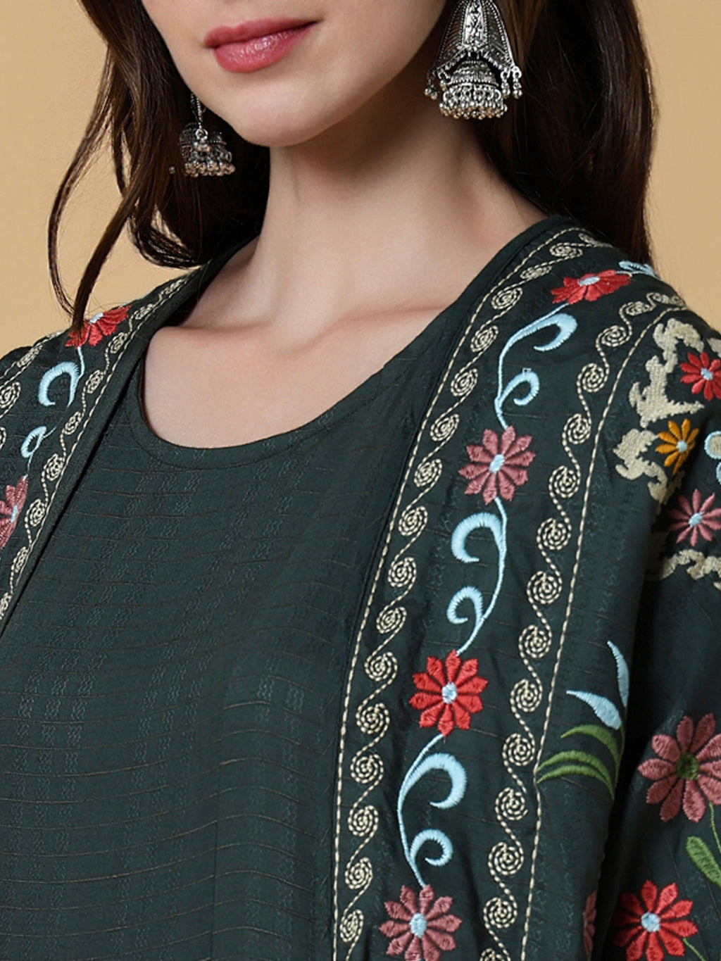 Women's Green Floral A-Line Kurta with Shrug