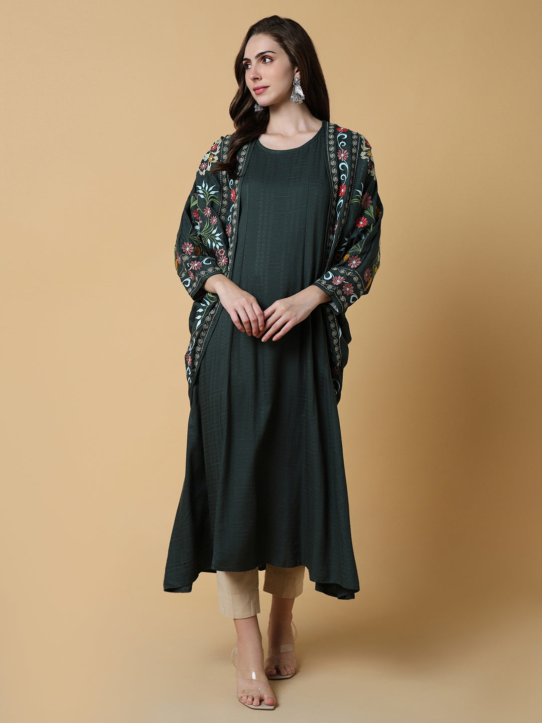 Women's Green Floral A-Line Kurta with Shrug