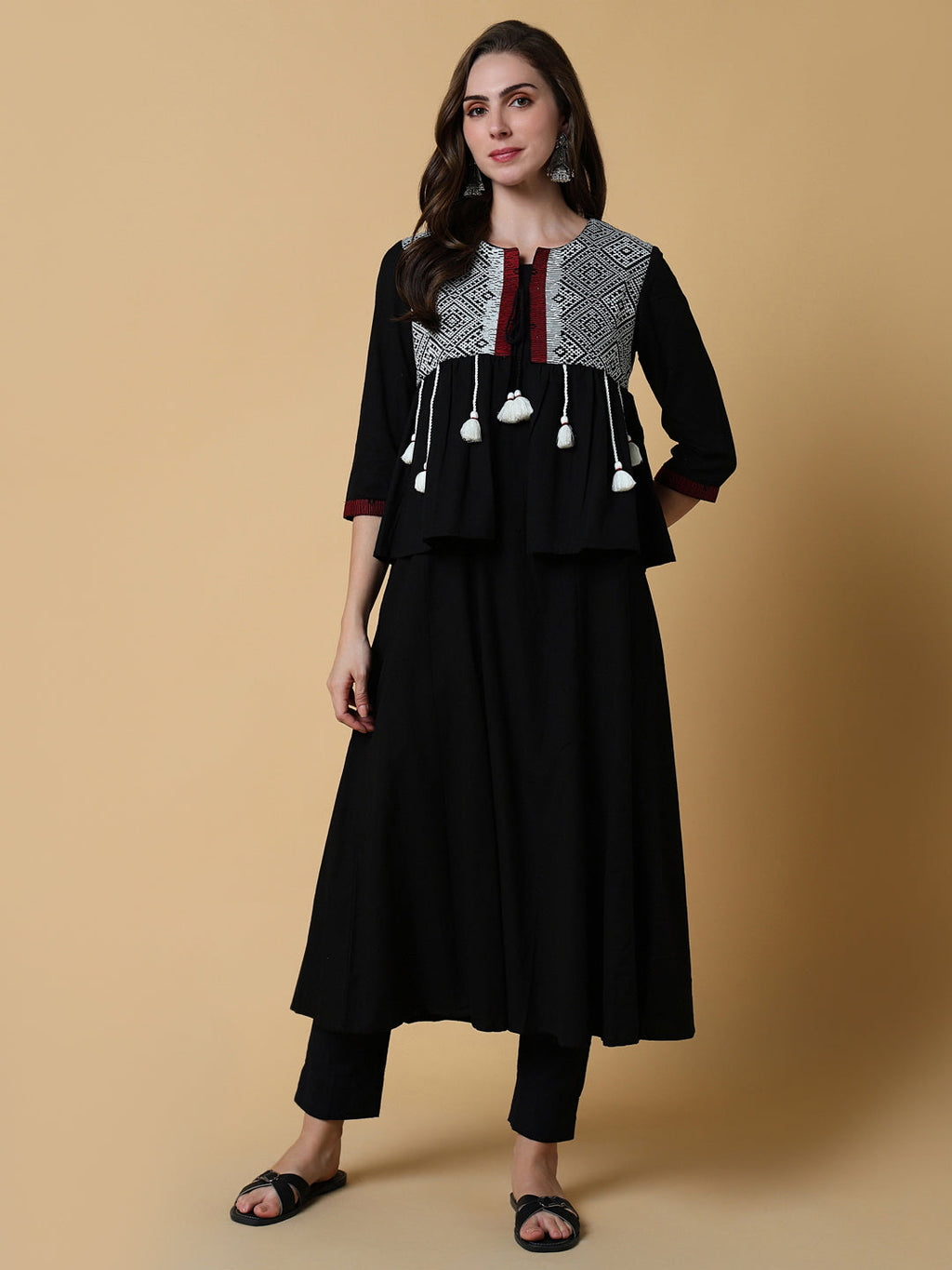 Women's Black Graphic A-Line Kurta with Shrug