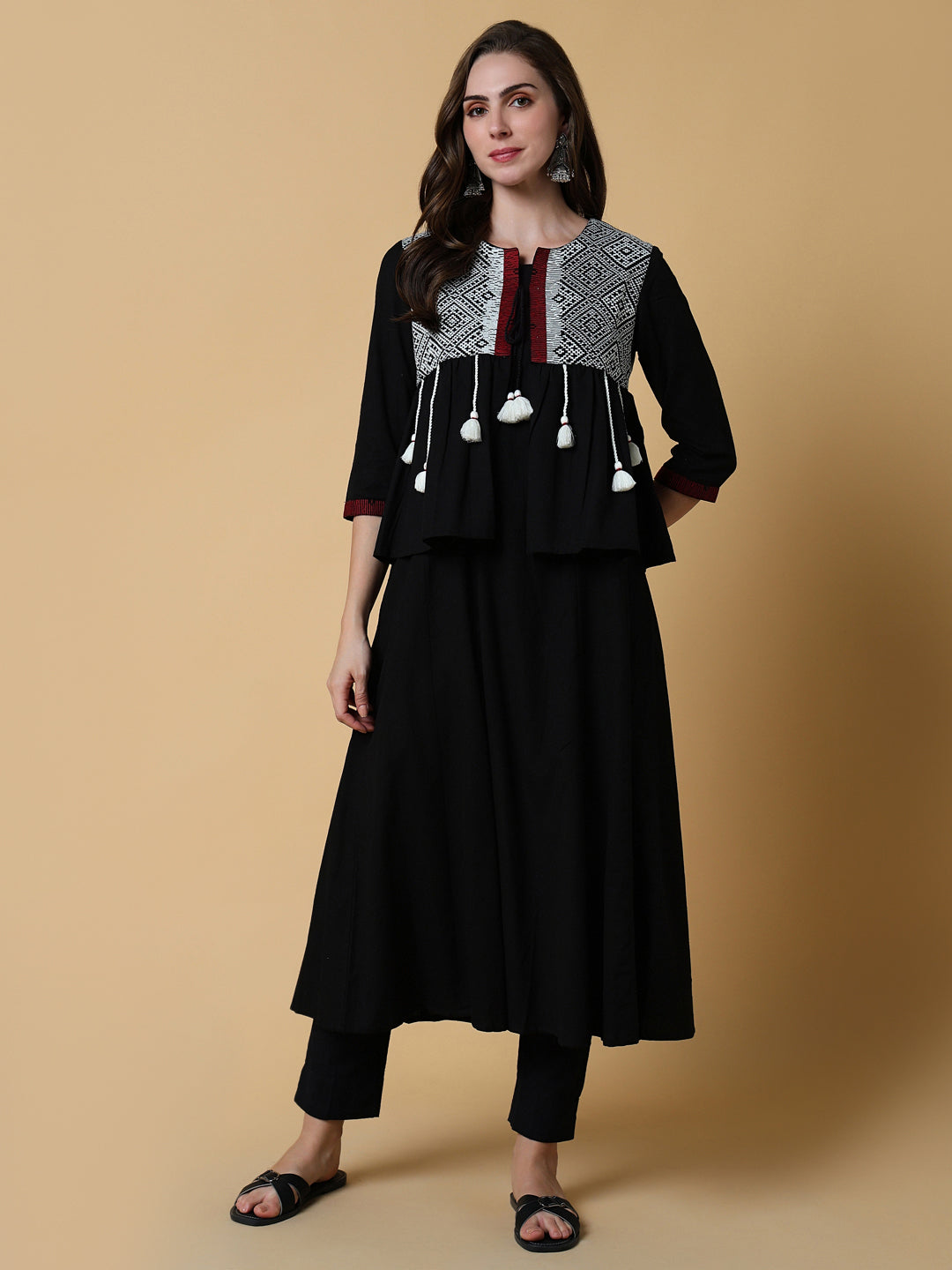 Women's Black Graphic A-Line Kurta with Shrug