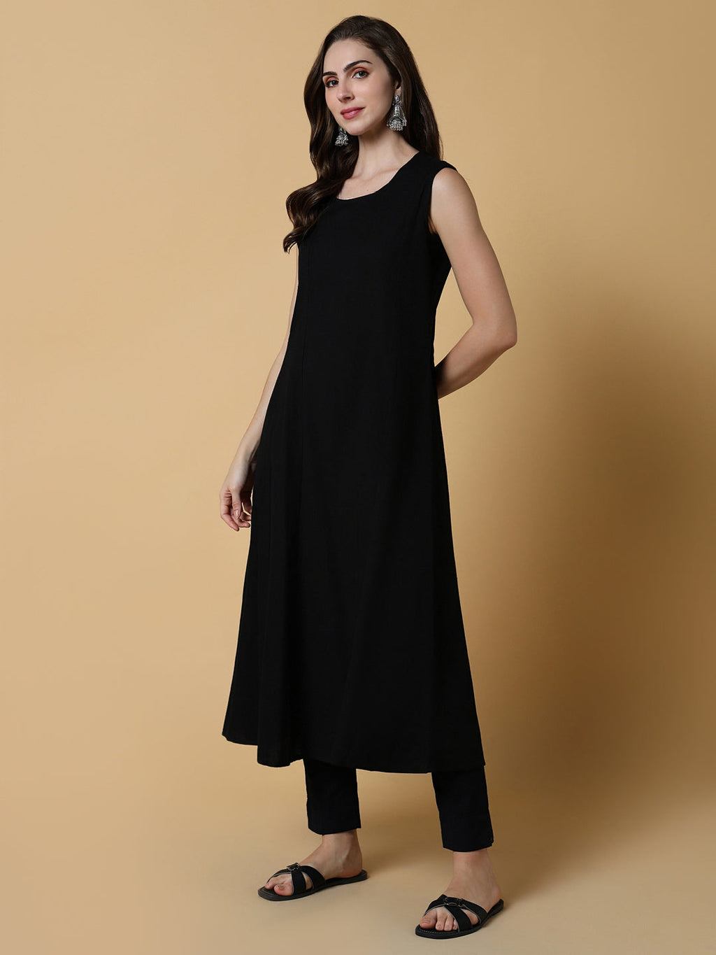Women's Black Graphic A-Line Kurta with Shrug