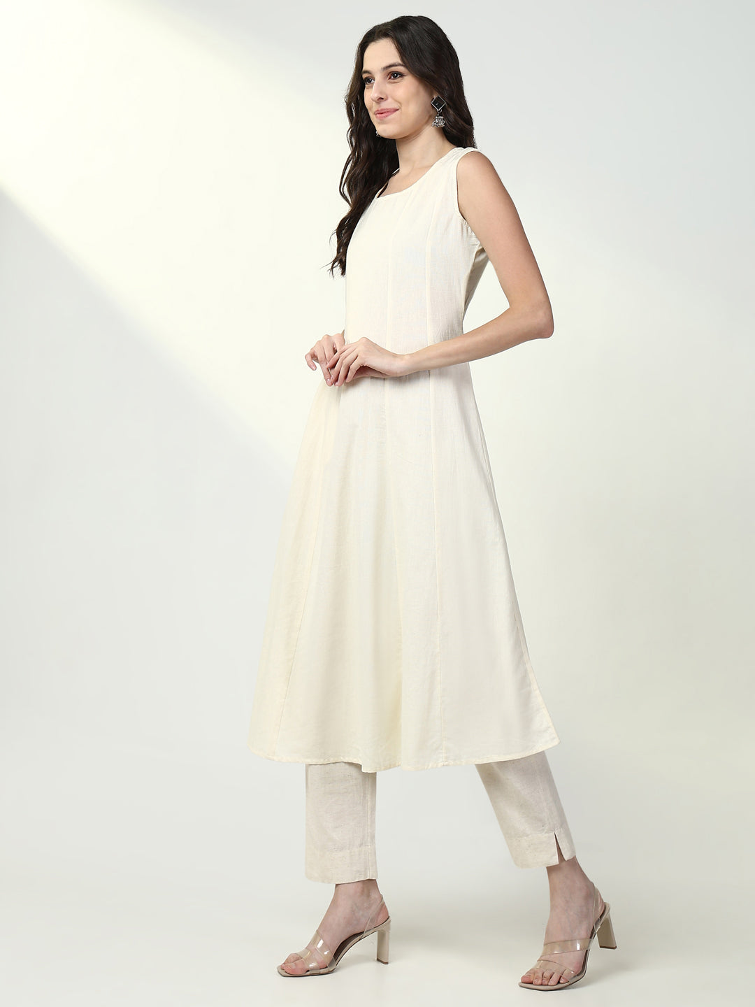 Women's Cream Solid A Line Kurta with Coat