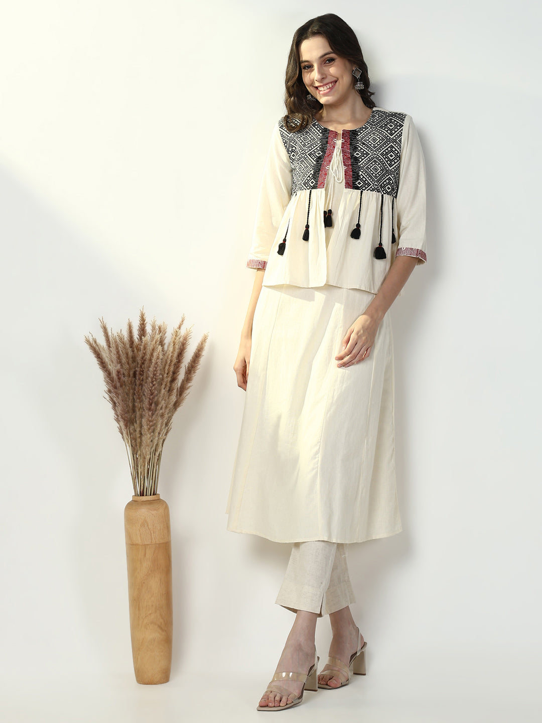 Women's Cream Solid A Line Kurta with Coat
