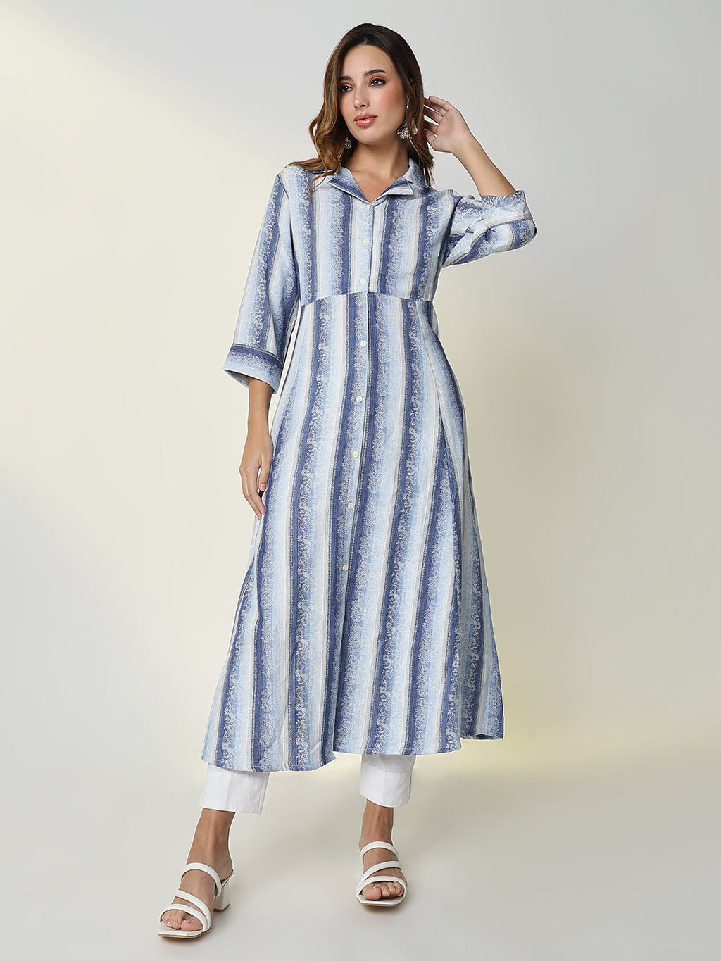 Women's Blue Striped Anarkali Kurta