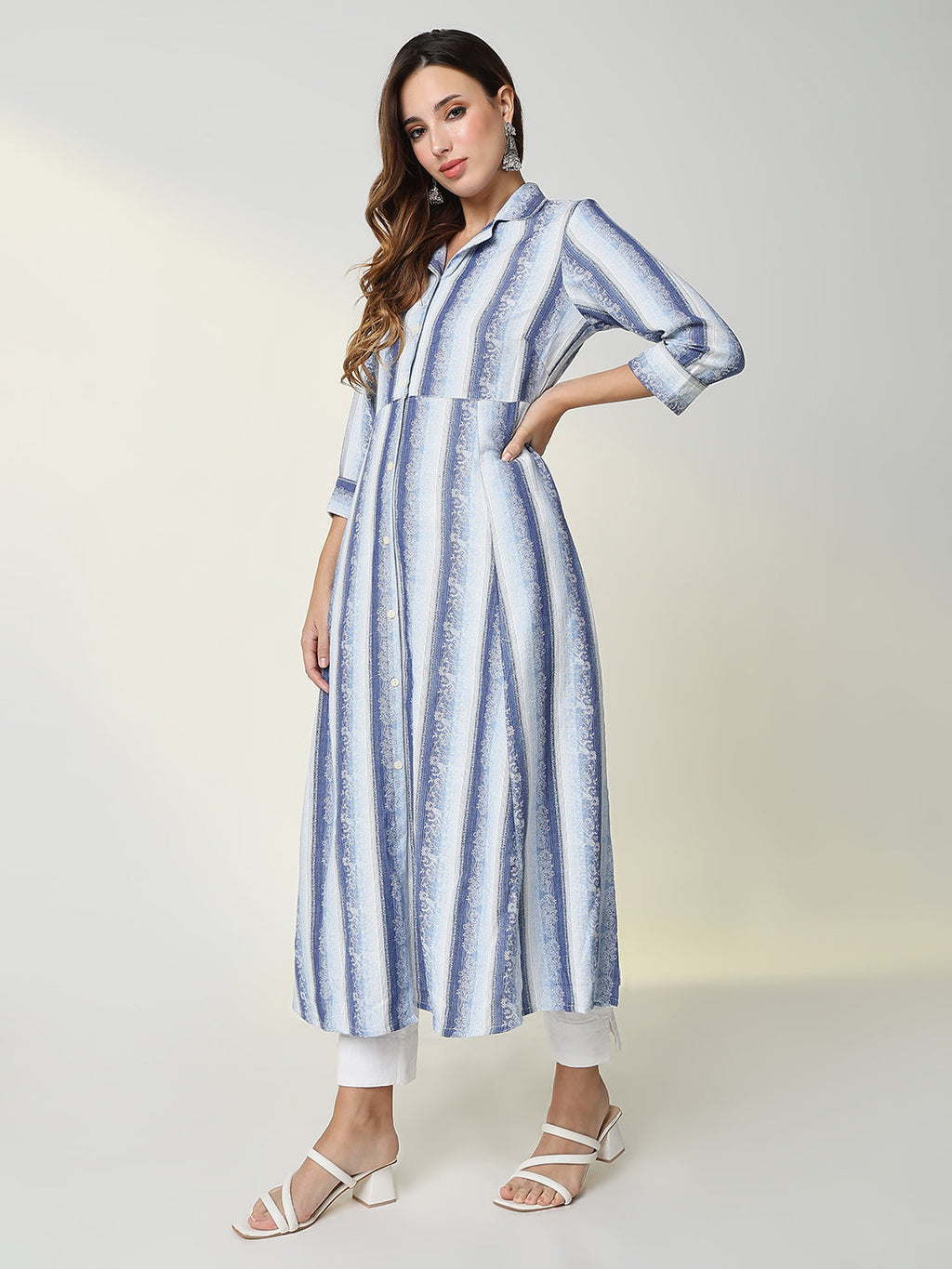 Women's Blue Striped Anarkali Kurta