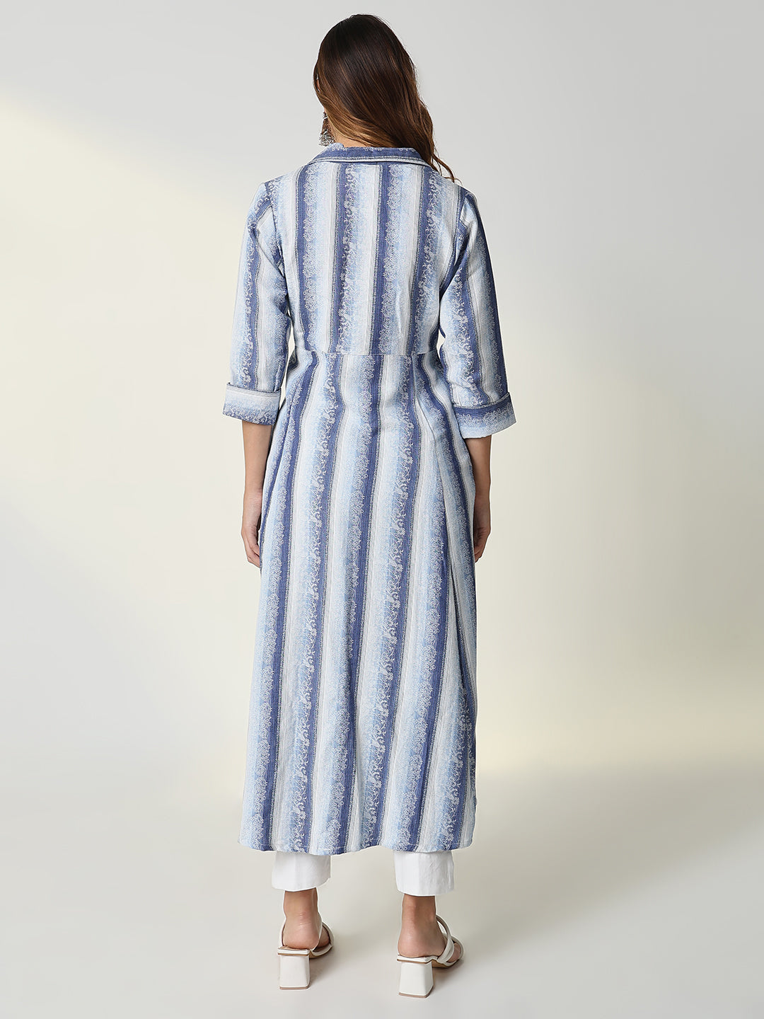 Women's Blue Striped Anarkali Kurta